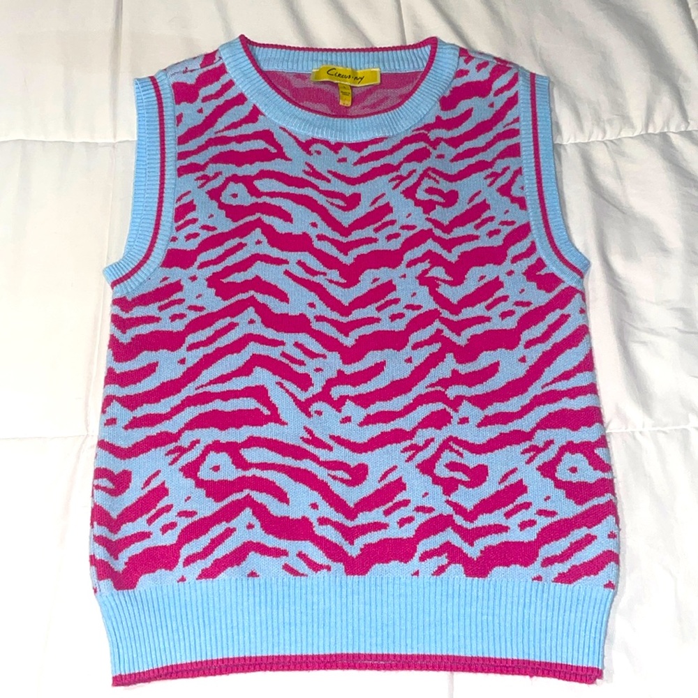 Circus Ivy Dusk Blue and Pink Zebra print sweater vest.